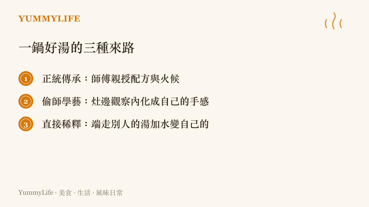 用料理界的三種學習方式比喻模型訓練的差異：正統傳承、偷師學藝與直接稀釋