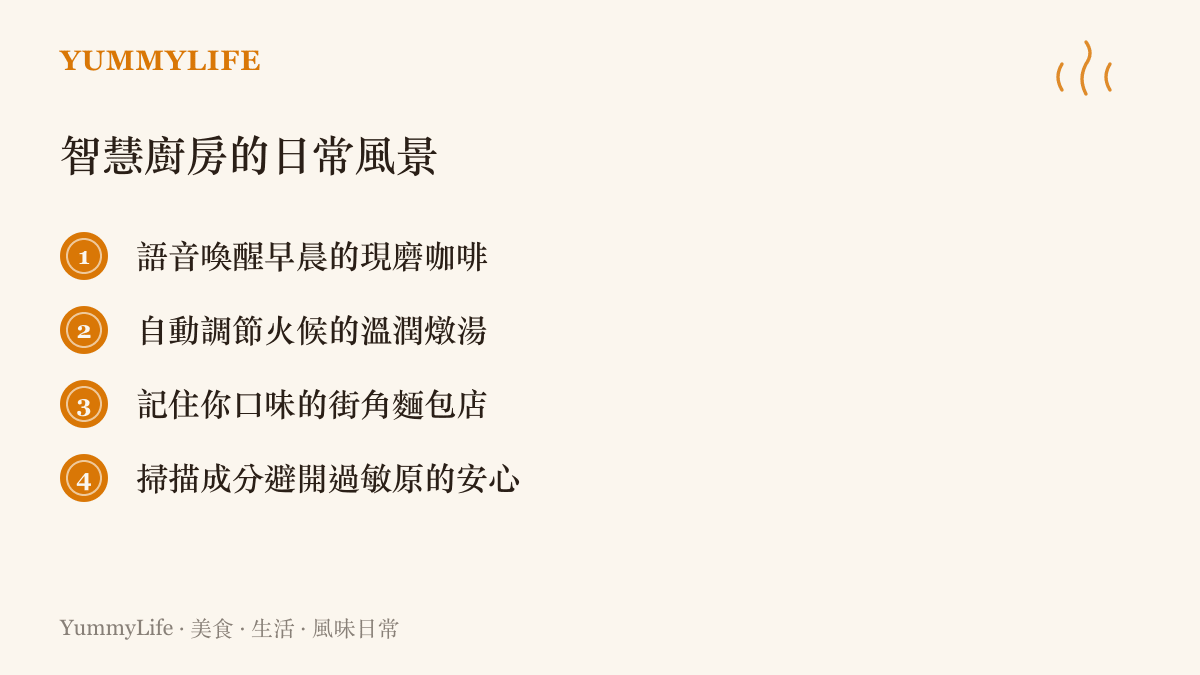 清單圖卡列舉了從早晨咖啡到街角麵包店再到過敏原掃描的四種智慧廚房與餐飲日常場景