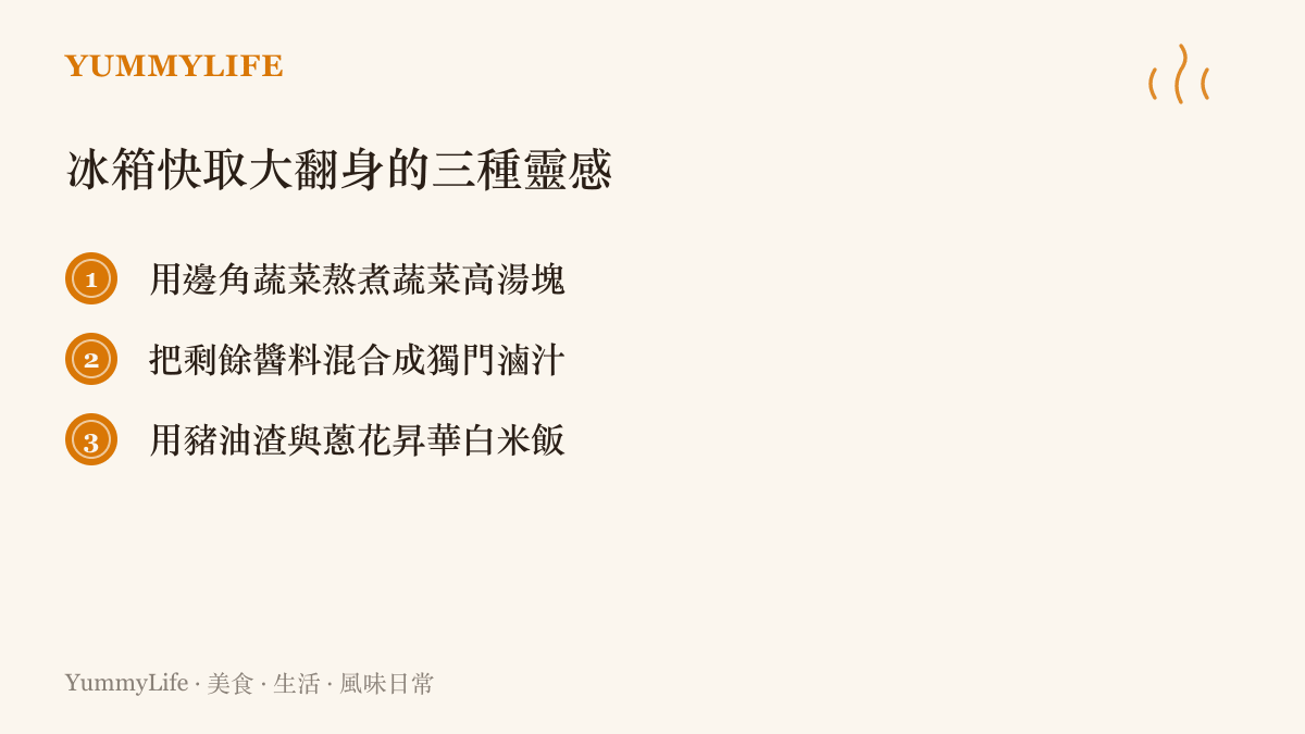 清單列出將冰箱剩餘食材與醬料重新利用，升級為高湯、滷汁與豬油拌飯的三種靈感