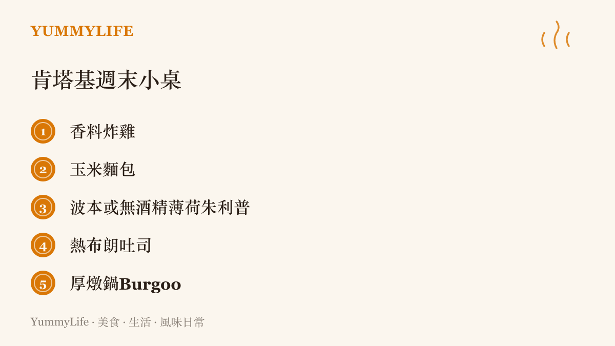 清單列出五道肯塔基風味的週末餐桌靈感，包含香料炸雞、玉米麵包、波本威士忌或無酒精薄荷朱利普、熱布朗吐司與厚燉鍋Burgoo