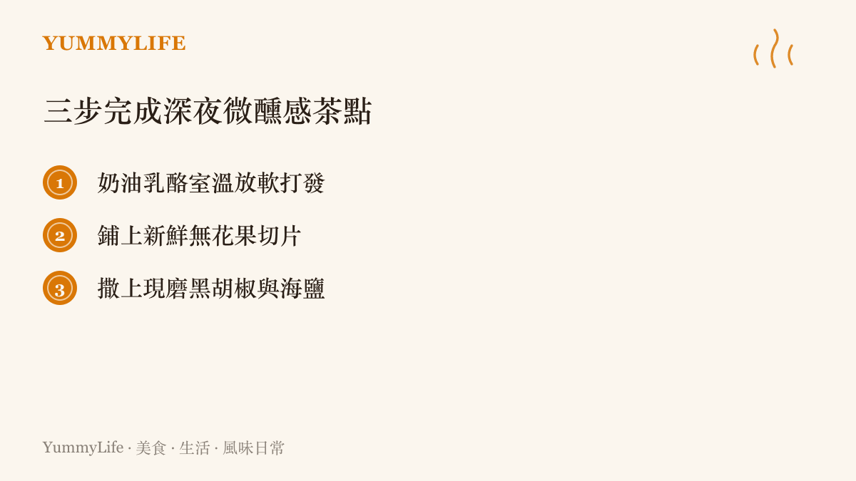 列出製作無花果乳酪蘇打餅乾的三大核心步驟：打發乳酪、鋪放水果與撒上調味料的清單圖卡