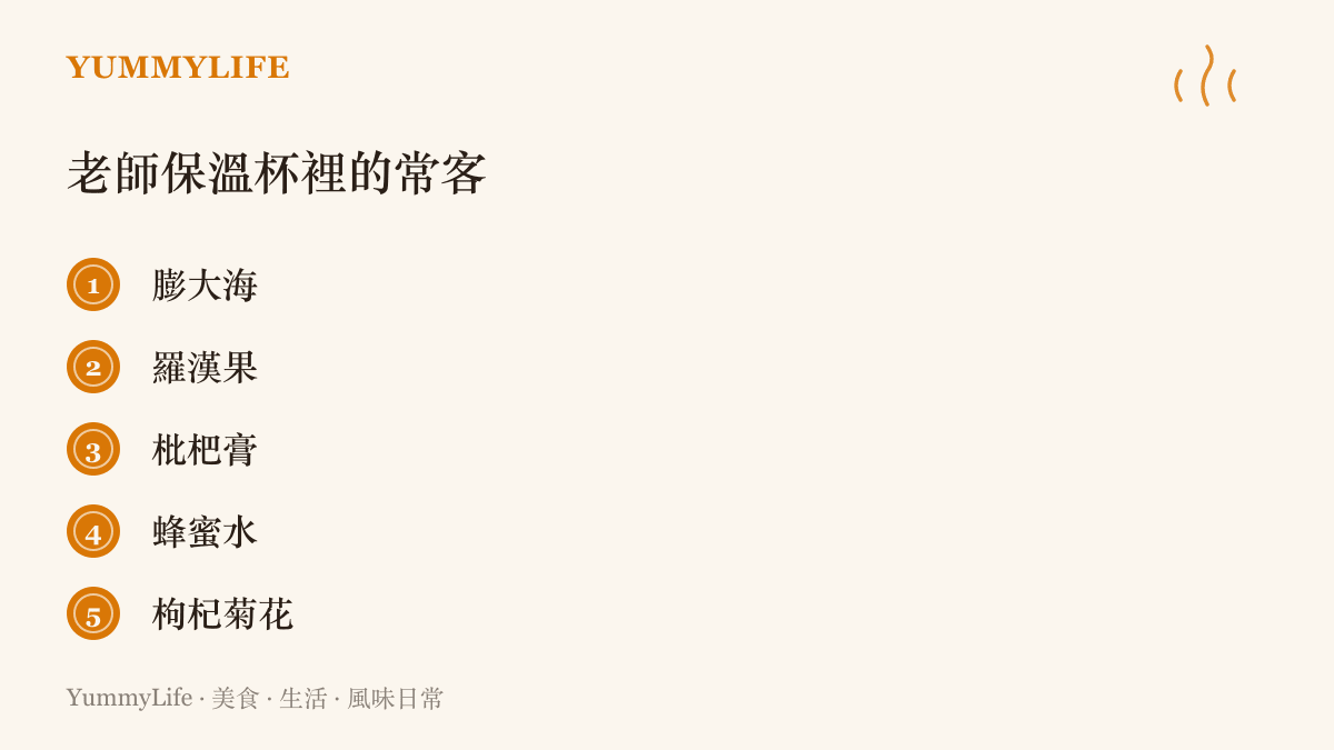列舉教師保溫杯裡常見的五種護嗓飲品：膨大海、羅漢果、枇杷膏、蜂蜜水與枸杞菊花茶