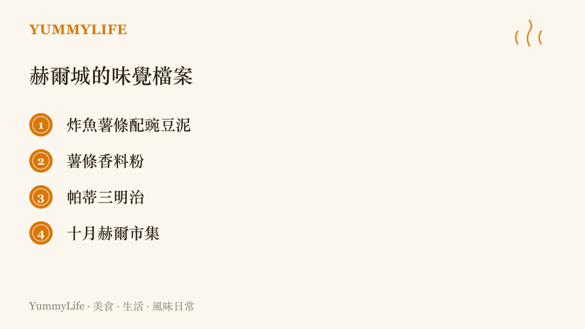 清單圖卡列出赫爾城的地方味覺：炸魚薯條配豌豆泥、薯條香料粉、帕蒂三明治，以及十月的赫爾市集