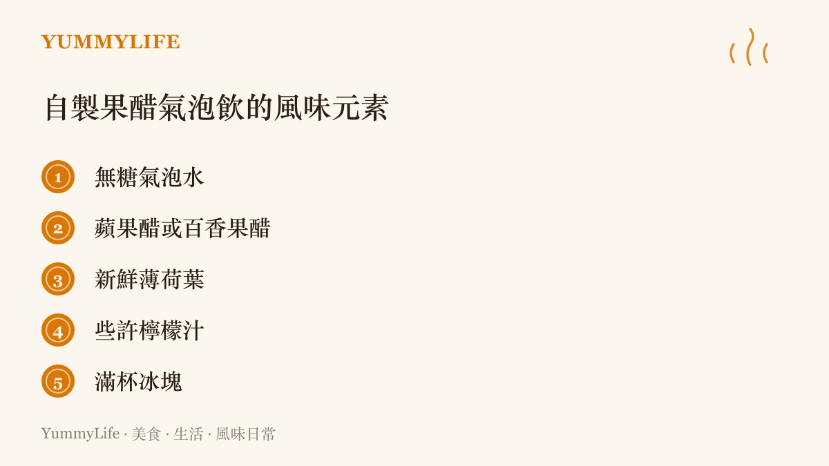 清單圖卡列出自製果醋氣泡飲所需的五種風味元素與食材