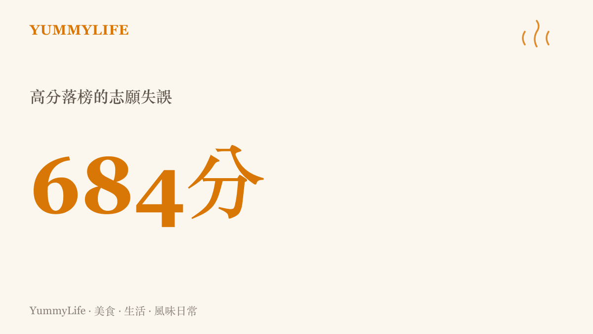 圖卡呈現數字684分，說明這是一個足以錄取頂尖大學的高分，卻因為錯誤的志願填報建議而落入雙非院校的遺憾。