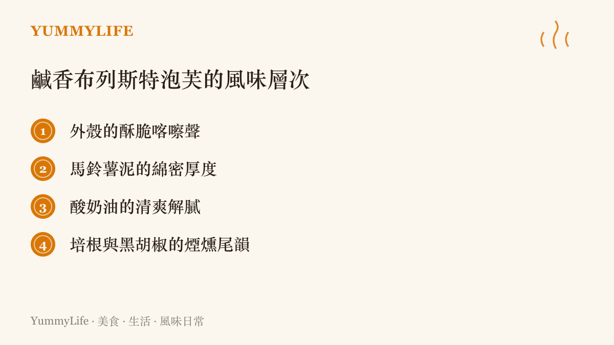 列出布列斯特泡芙四種主要風味層次的清單，包含外殼酥脆聲、馬鈴薯綿密、酸奶油清爽與培根煙燻味