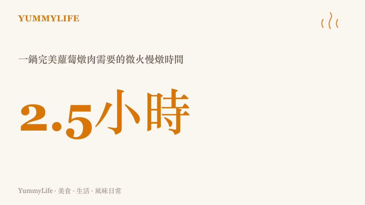 統計圖卡呈現一鍋完美蘿蔔燉肉需要兩個半小時的微火慢燉時間