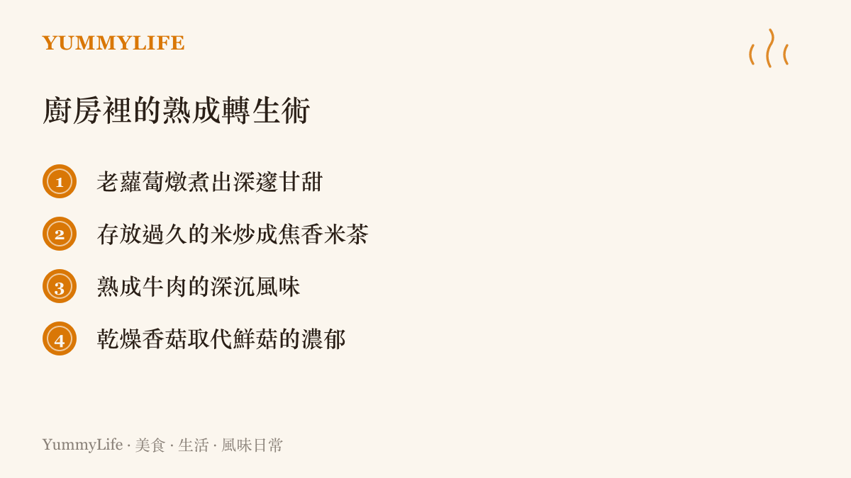 列舉四種將過了最佳狀態或熟成後的食材轉化為另一種深沉風味的料理智慧。