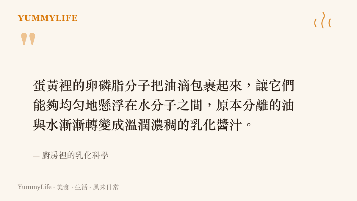 蛋黃裡的卵磷脂分子把油滴包裹起來，讓它們能夠均勻地懸浮在水分子之間，原本分離的油與水漸漸轉變成溫潤濃稠的乳化醬汁。