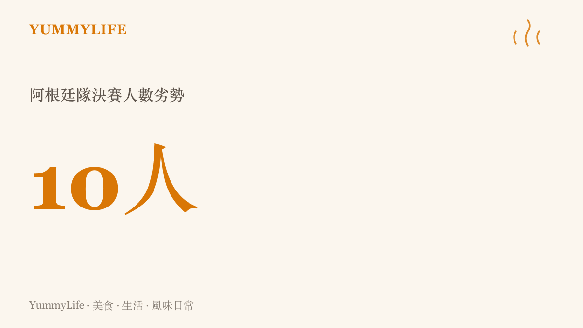 統計圖卡呈現阿根廷隊在比賽末段因紅牌罰下一人，僅剩十人應戰的劣勢數據