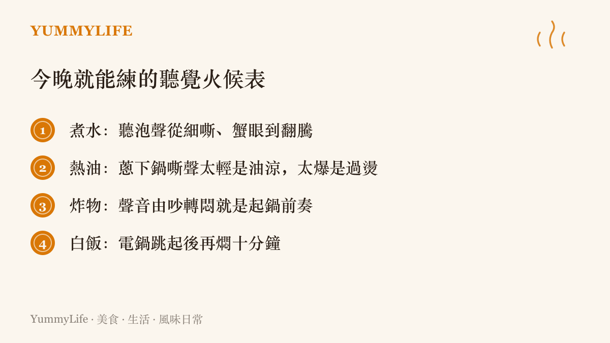 清單圖卡列出四種用耳朵判斷火候的方法：煮水各階段的泡聲、聽蔥下鍋的嘶聲判斷油溫、炸物聲音轉悶時準備起鍋、電鍋跳起後多燜十分鐘