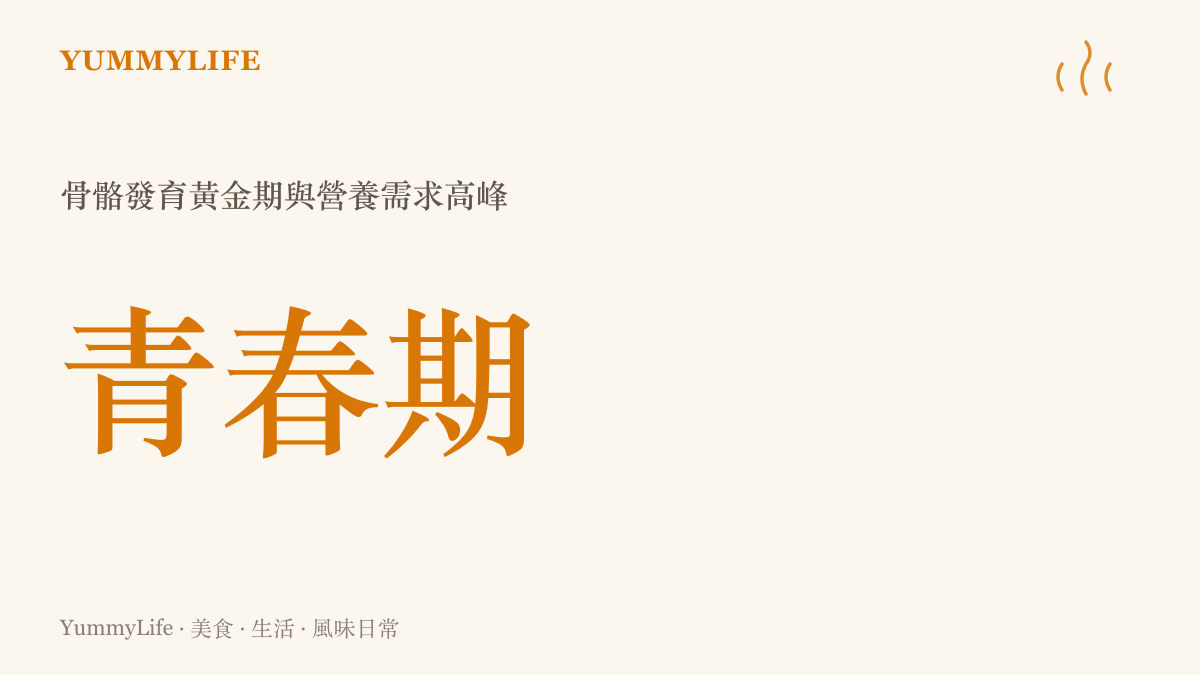 標示青春期為人體骨骼發育黃金期與營養需求高峰的統計圖卡，強調此階段飲食重要性。