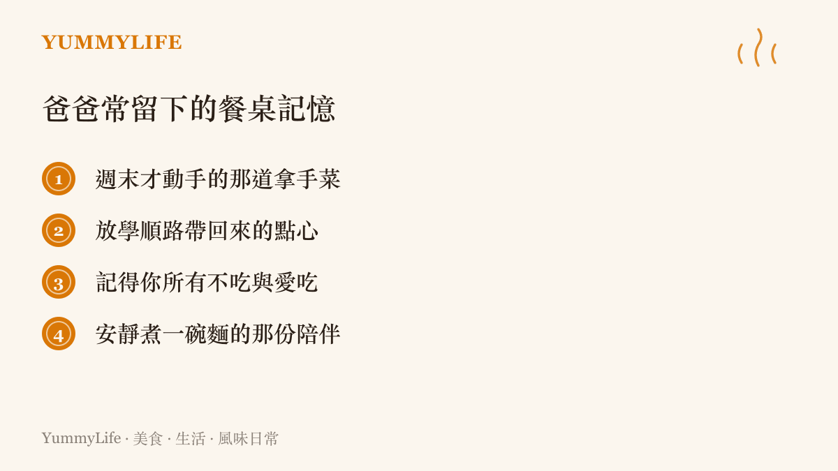 一張條列卡片，整理四種爸爸在餐桌上常留下的日常記憶類型