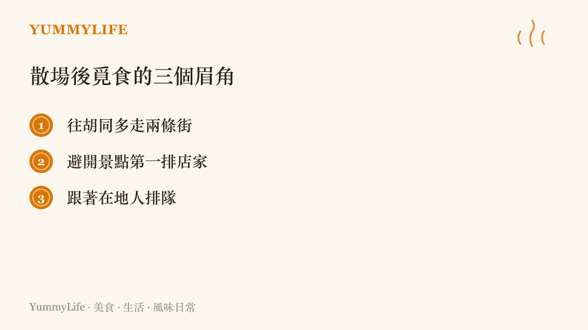 清單圖卡整理升旗散場後尋找早餐的三個訣竅：往胡同多走兩條街、避開景點第一排店家、跟著在地人排隊。