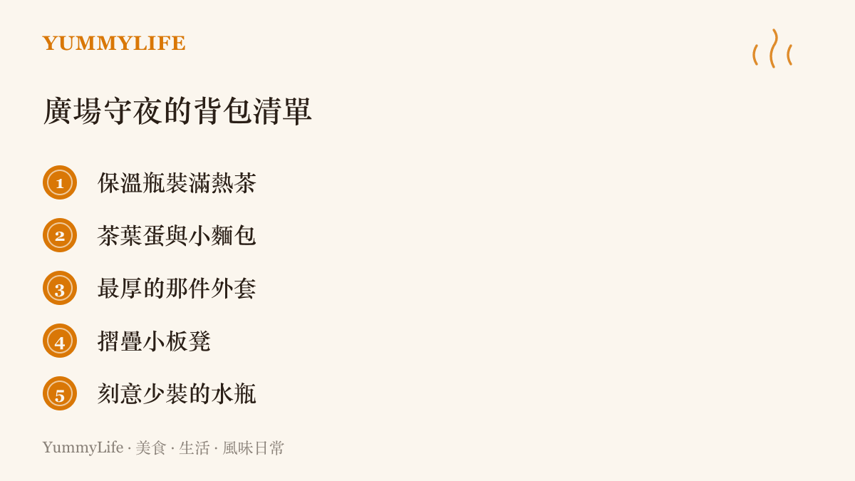 清單圖卡列出在天安門廣場熬夜等待升旗的背包物品，包含保溫瓶熱茶、茶葉蛋與小麵包、厚外套、摺疊小板凳，以及刻意少裝的水瓶。