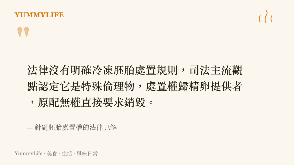 引述律師說明冷凍胚胎屬於特殊倫理物，處置權歸屬於精卵提供者的法律見解