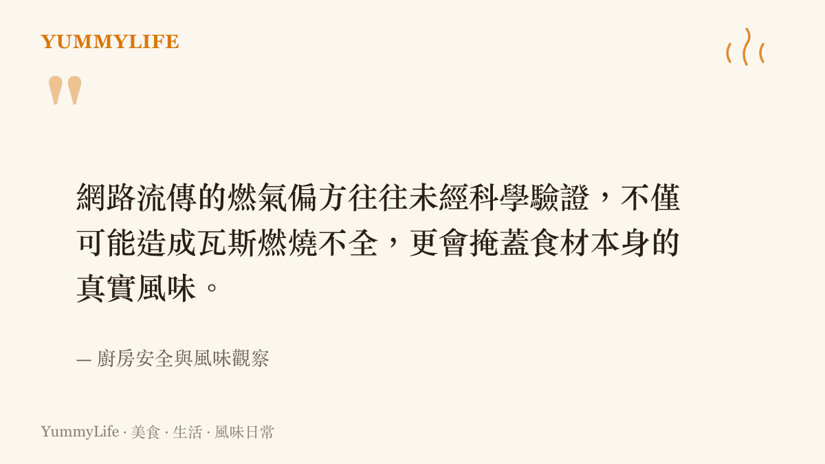 引述廚房安全觀點，說明網路偏方會導致瓦斯燃燒不全並破壞食材風味