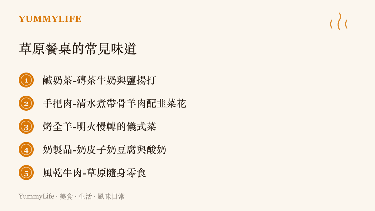 草原餐桌的常見味道清單，包含鹹奶茶、手把肉、烤全羊、奶皮子奶豆腐與風乾牛肉