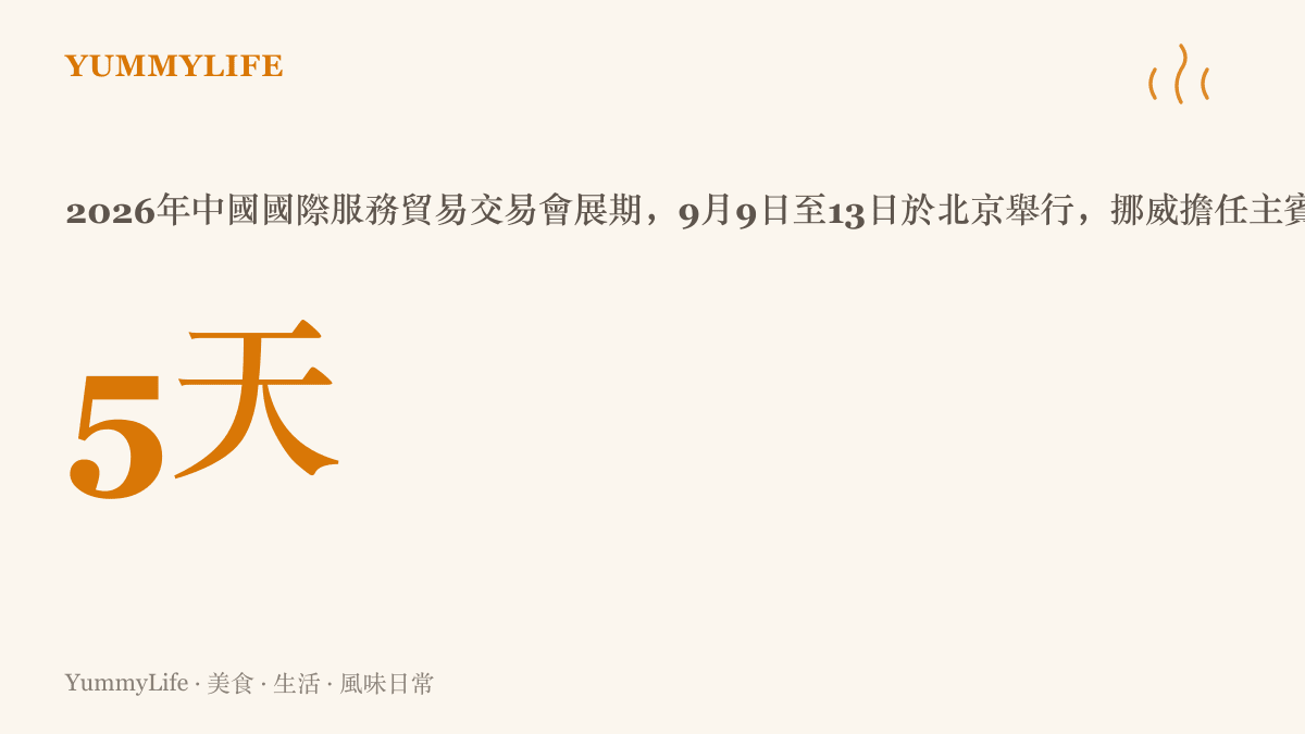 統計圖卡呈現2026年中國國際服務貿易交易會於9月9日至13日在北京舉行、為期五天，並標註挪威為本屆主賓國