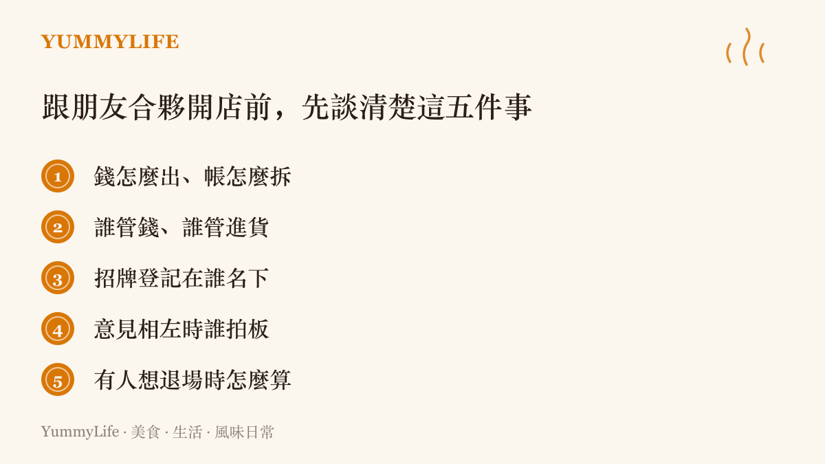 與朋友合夥開店前應先談妥的五個問題：出資與拆帳方式、財務與進貨分工、招牌登記歸屬、意見相左時的拍板權，以及退場時的計算方式