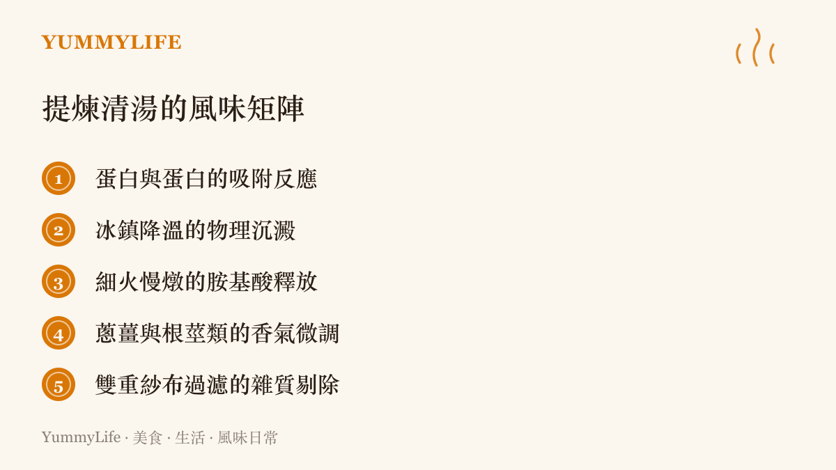 列出臺式清燉雞湯與法式黃金清湯在提煉過程中使用的五種關鍵風味與物理化學技巧