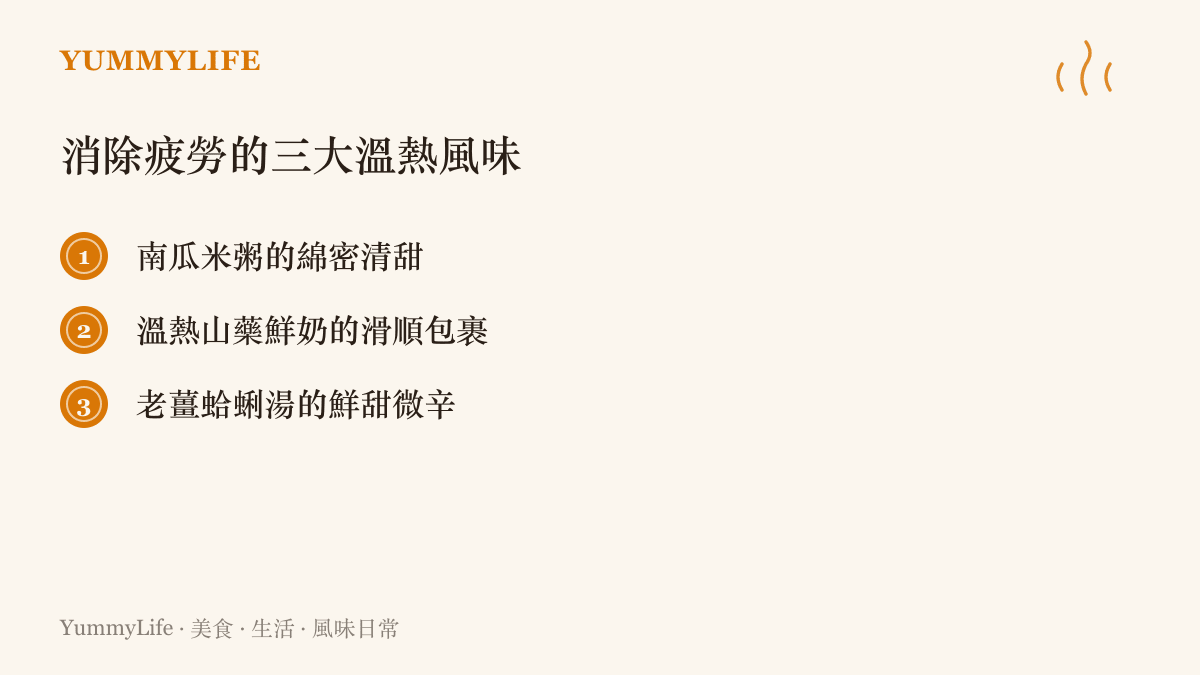 清單圖卡列出南瓜米粥、溫熱山藥鮮奶與老薑蛤蜊湯三道有助於消除疲勞的溫熱菜餚