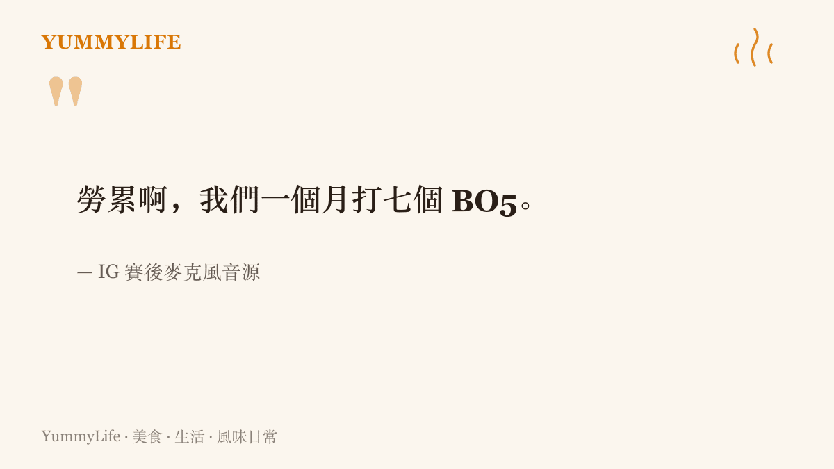 引言圖卡重現 IG 選手在賽後麥克風音源裡說出的一個月打了七個 BO5 的疲累感嘆