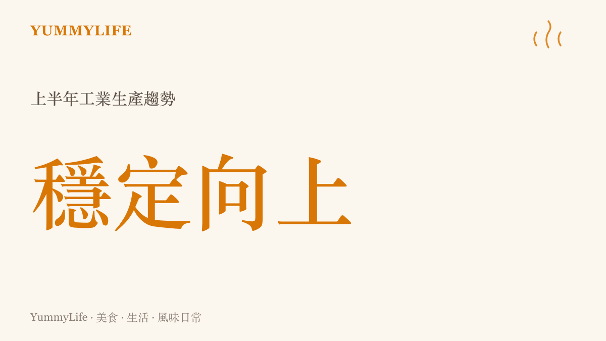 一條平穩上升的橘色折線圖，呈現上半年工業生產總額持續且穩定的增長幅度