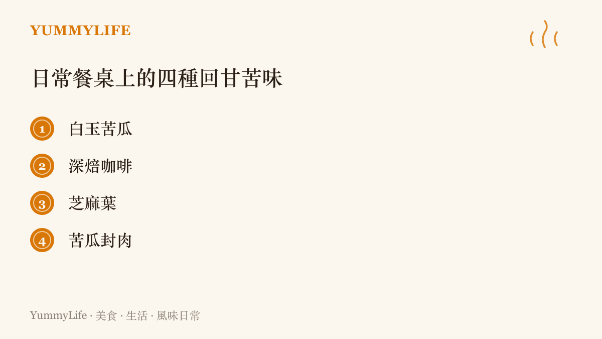 列舉了白玉苦瓜、深焙咖啡、芝麻葉與苦瓜封肉等四種能夠在咀嚼後產生回甘風味的苦味食材與菜色