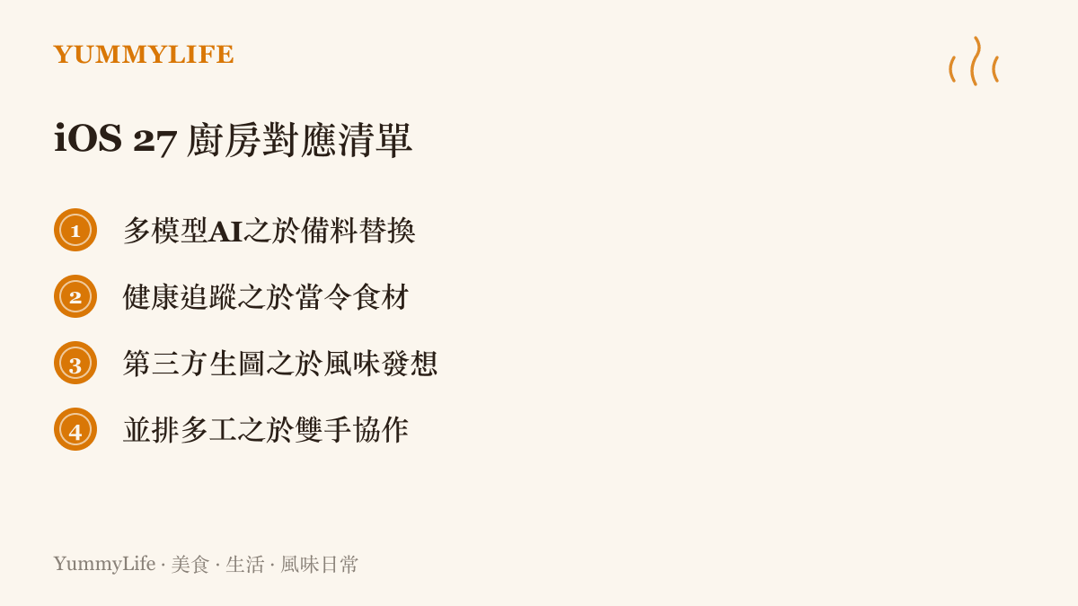 整理IOS 27傳聞中的五項新功能，並將其對應到廚房裡的備料、風味發想與雙手協作等日常情境。