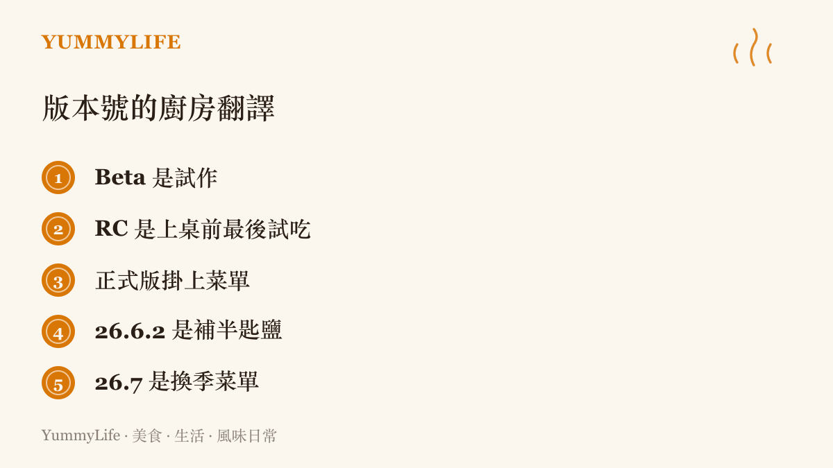 清單圖列出 Beta、RC、正式版等軟體階段對應的廚房比喻，從試作、最後試喫到換季菜單
