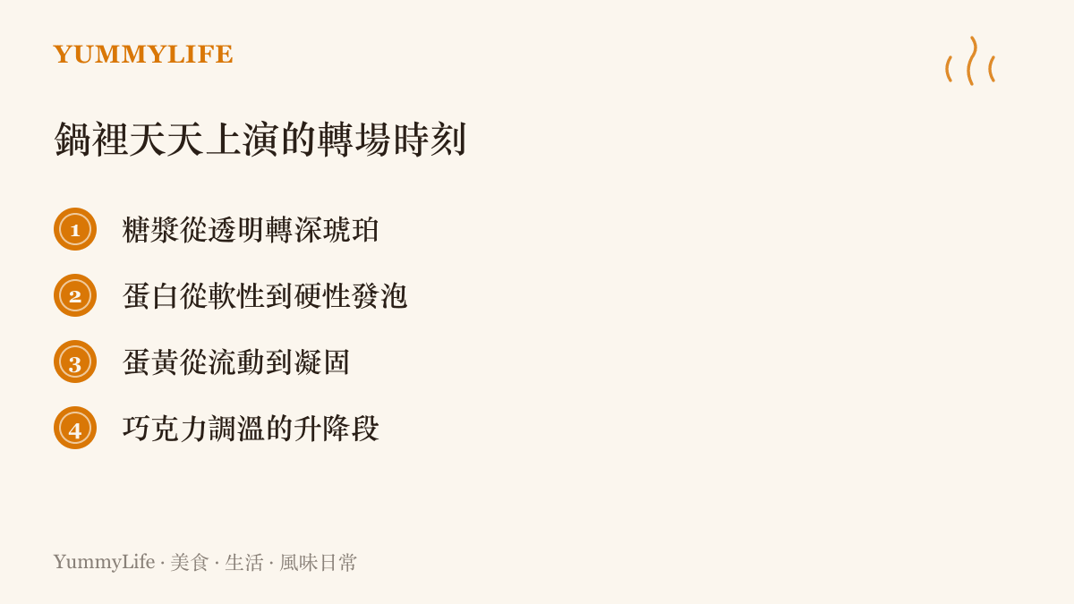 清單列出爐火上常見的狀態轉換時刻，包括糖漿由透明轉為深琥珀、蛋白打發程度的變化、蛋黃凝固的臨界點，以及巧克力調溫的升溫與降溫段落
