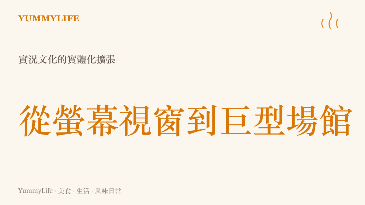 統計圖卡呈現實況文化從網路小螢幕走向實體巨型體育場館的趨勢