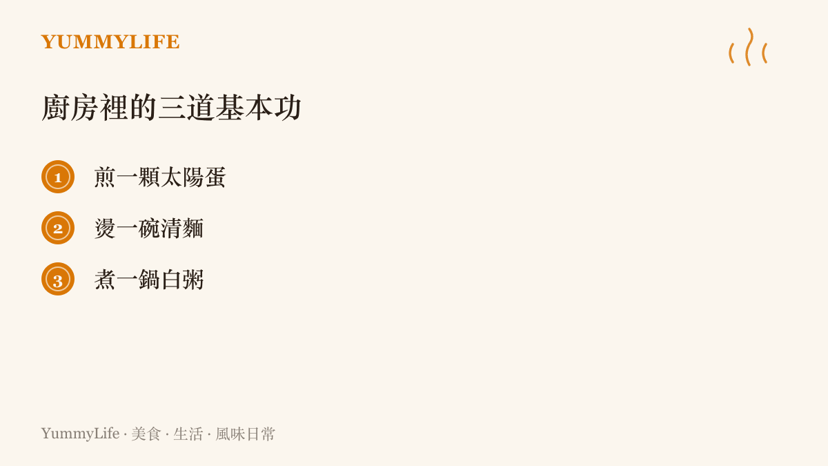 清單圖卡列出三道適合在家練習的基本功菜色：太陽蛋、清麵與白粥，練習火候與時間感