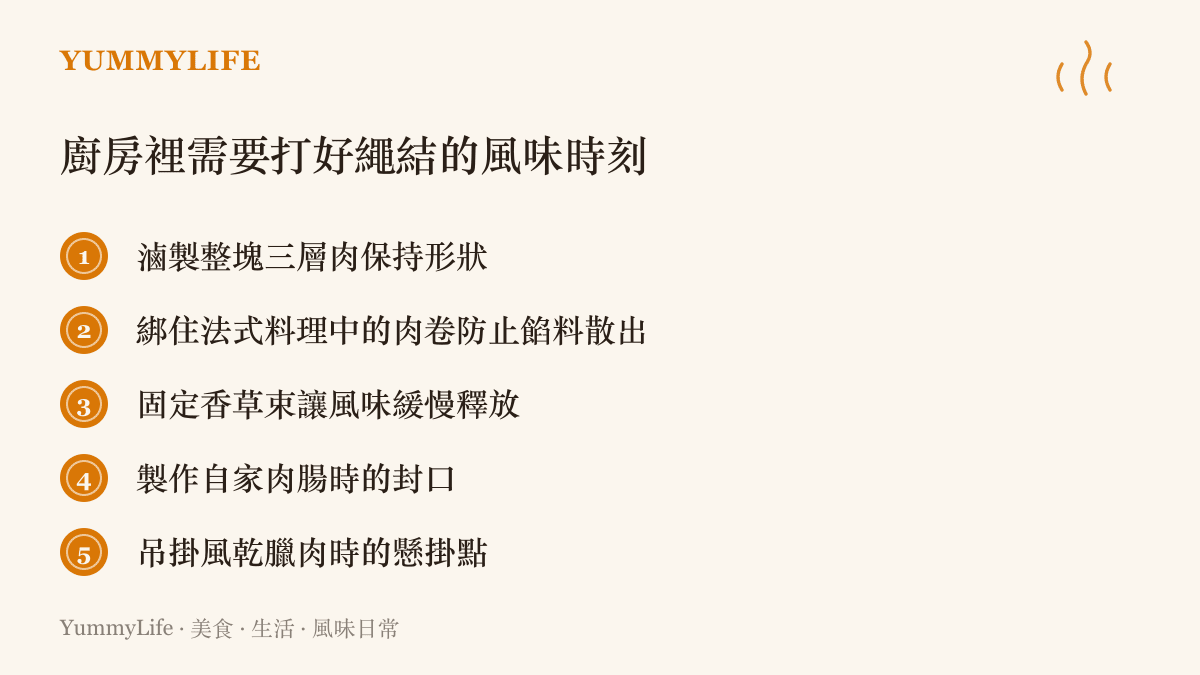 一張列舉了廚房裡需要用棉線綁緊食材的時刻清單，例如滷五花肉與綁肉卷