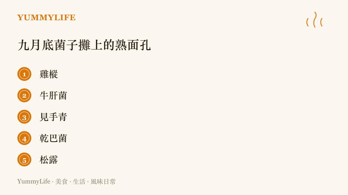列出九月下旬昆明野生菌市場攤上常見的雞樅、牛肝菌、見手青、乾巴菌與松露五種野生菌