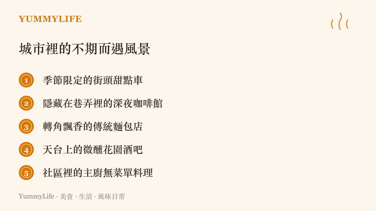 清單圖卡列舉了五項能為城市生活帶來驚喜的隱藏版餐飲場所，包含限定甜品車、深夜咖啡館、傳統麵包店、天台酒吧與無菜單料理