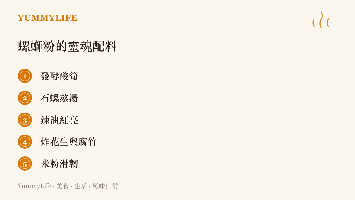 螺螄粉五項核心配料組合，酸筍、螺湯、辣油、花生腐竹與米粉並列呈現