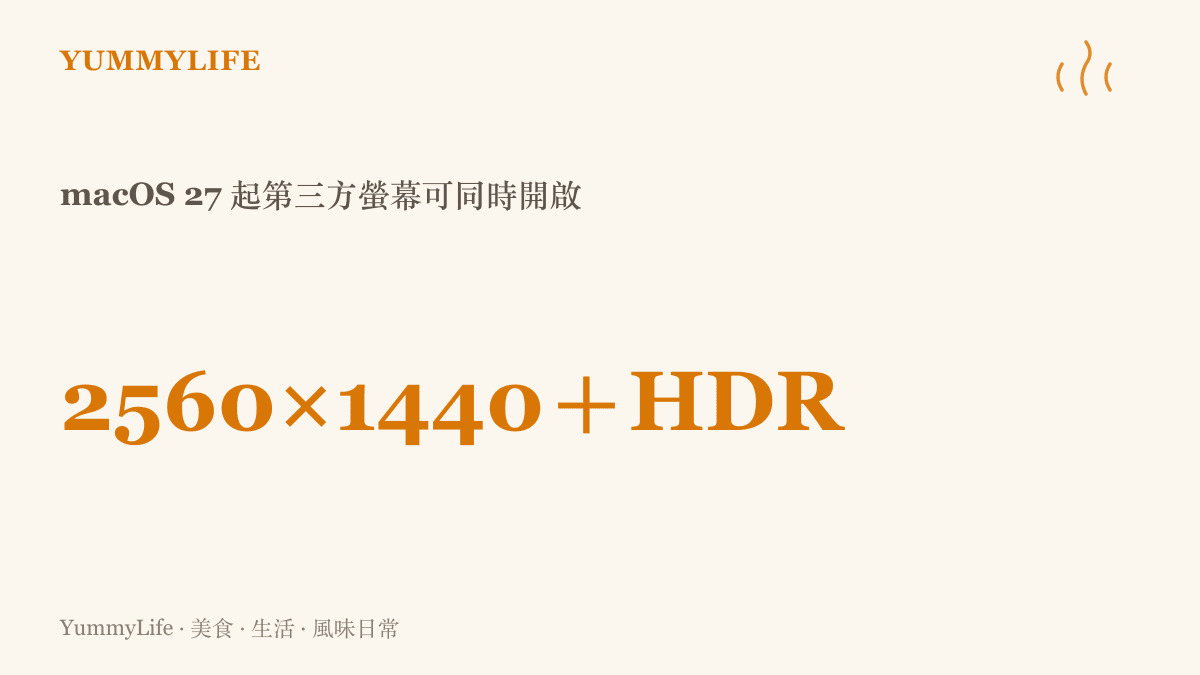 統計圖卡呈現 macOS 27 起第三方螢幕可同時開啟 HDR 與 2560×1440 縮放解析度，結束過去二選一的限制