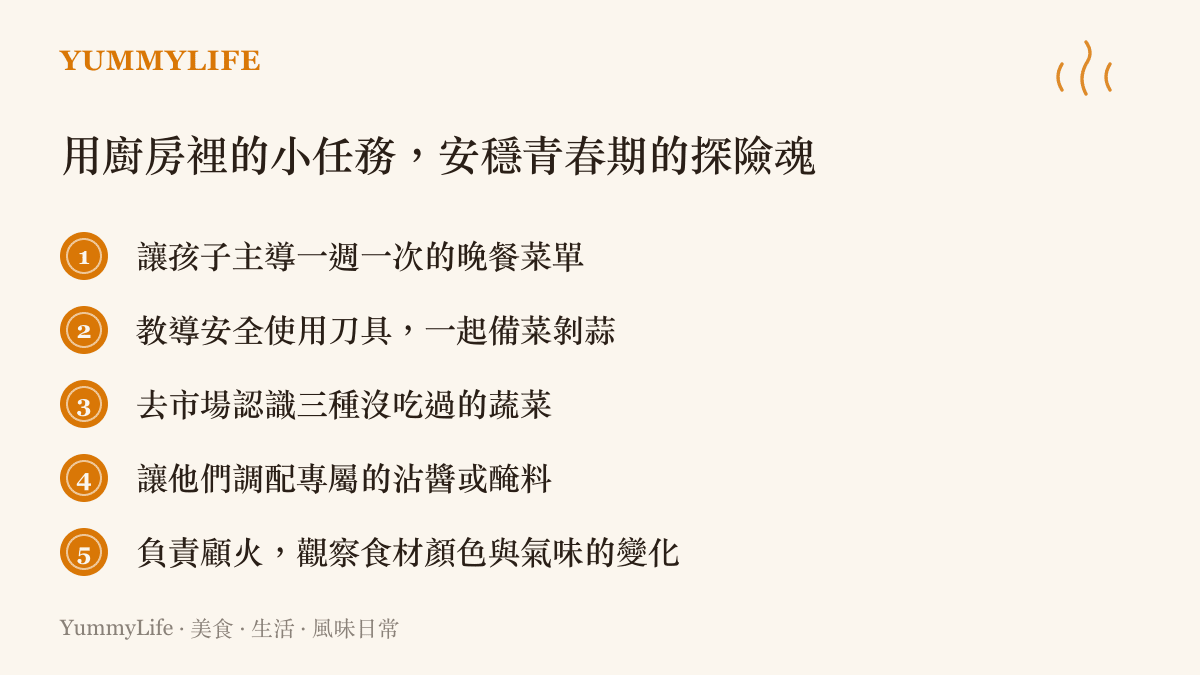 列舉五項適合親子共同參與的廚房小任務，包括主導菜單、安全備菜、認識食材與調配醬料，藉此滿足青春期孩子的掌控感。
