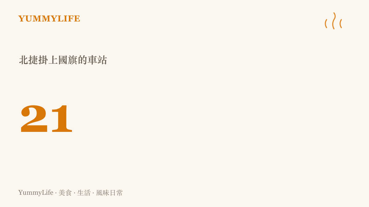 圖卡顯示數字二十一，代表臺北捷運在詢問處、閘門或大廳掛起國旗的車站總數，遍布各條路線