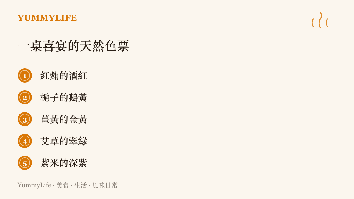 五種來自天然食材的喜慶顏色清單：紅麴的酒紅、梔子的鵝黃、薑黃的金黃、艾草的翠綠與紫米的深紫