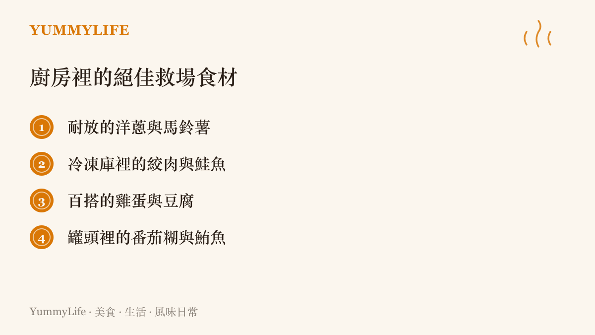 圖卡列出幾種能夠在匱乏時刻拯救一餐的常見廚房食材