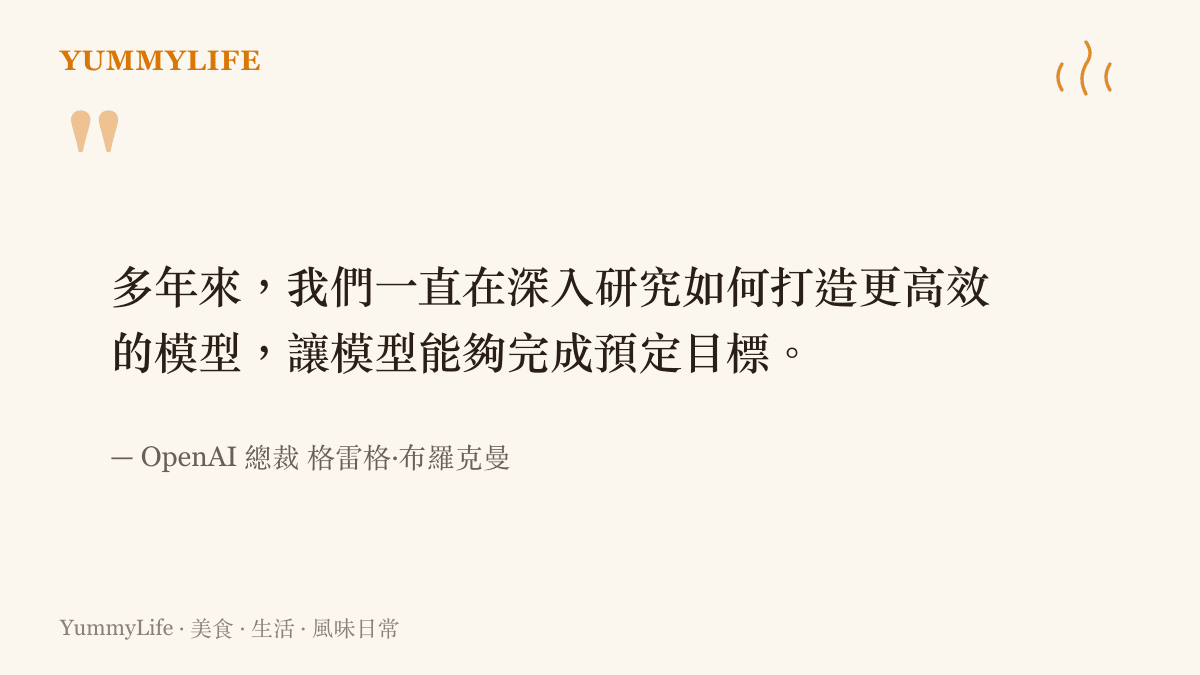 引述 OpenAI 總裁布羅克曼關於多年來深入研究打造高效模型，讓系統能完成預定目標的談話內容