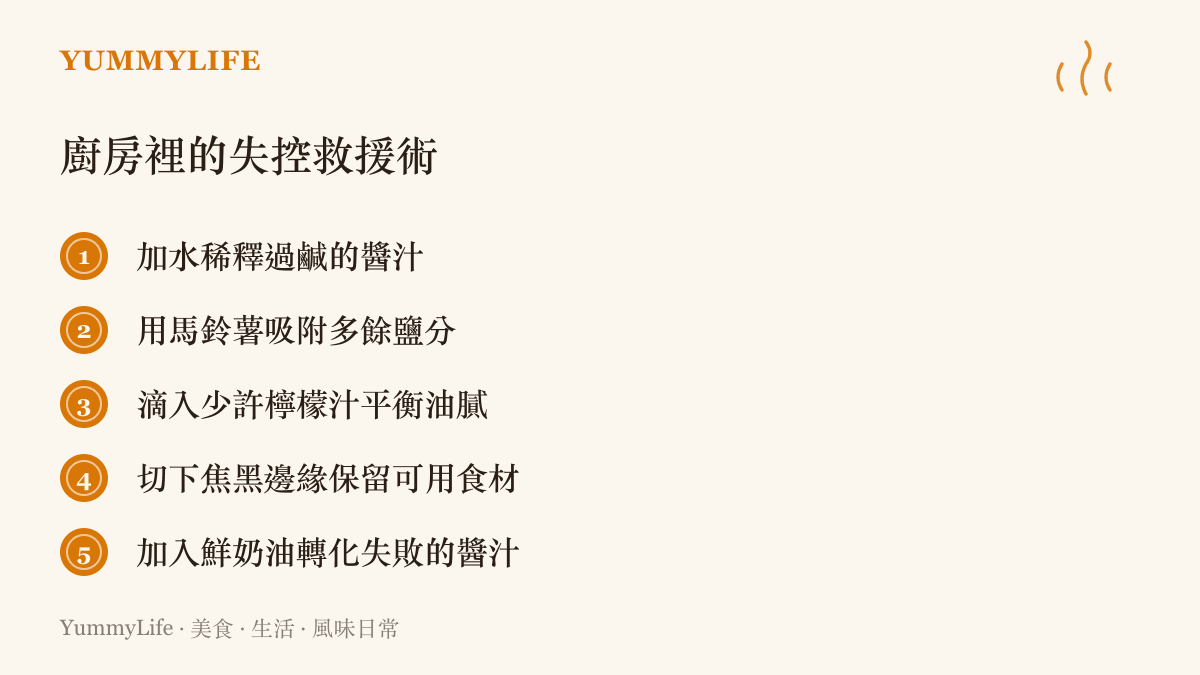 清單列出五種常見的廚房烹飪失誤補救方法，包含加水稀釋鹹味、用馬鈴薯吸附鹽分、滴入檸檬汁、切除焦黑部分以及加入鮮奶油轉化風味。