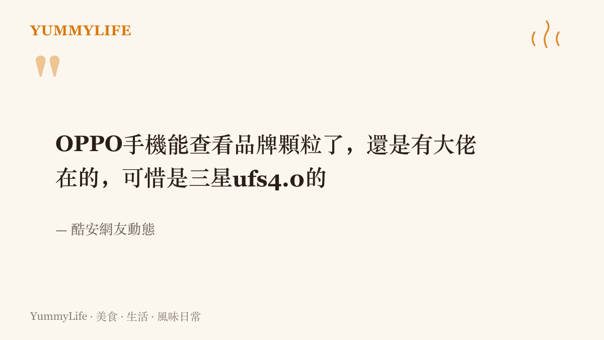 引述酷安網友的動態原文，內容是發現OPPO手機能查看儲存顆粒品牌，並感嘆搭載的是三星UFS4.0
