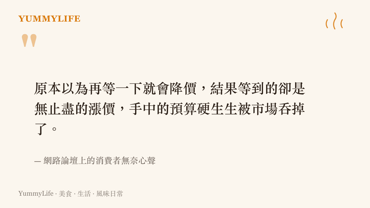 引述網路論壇上消費者面對電腦零組件與硬體價格無止盡上漲時，感嘆手中預算縮水的無奈心聲