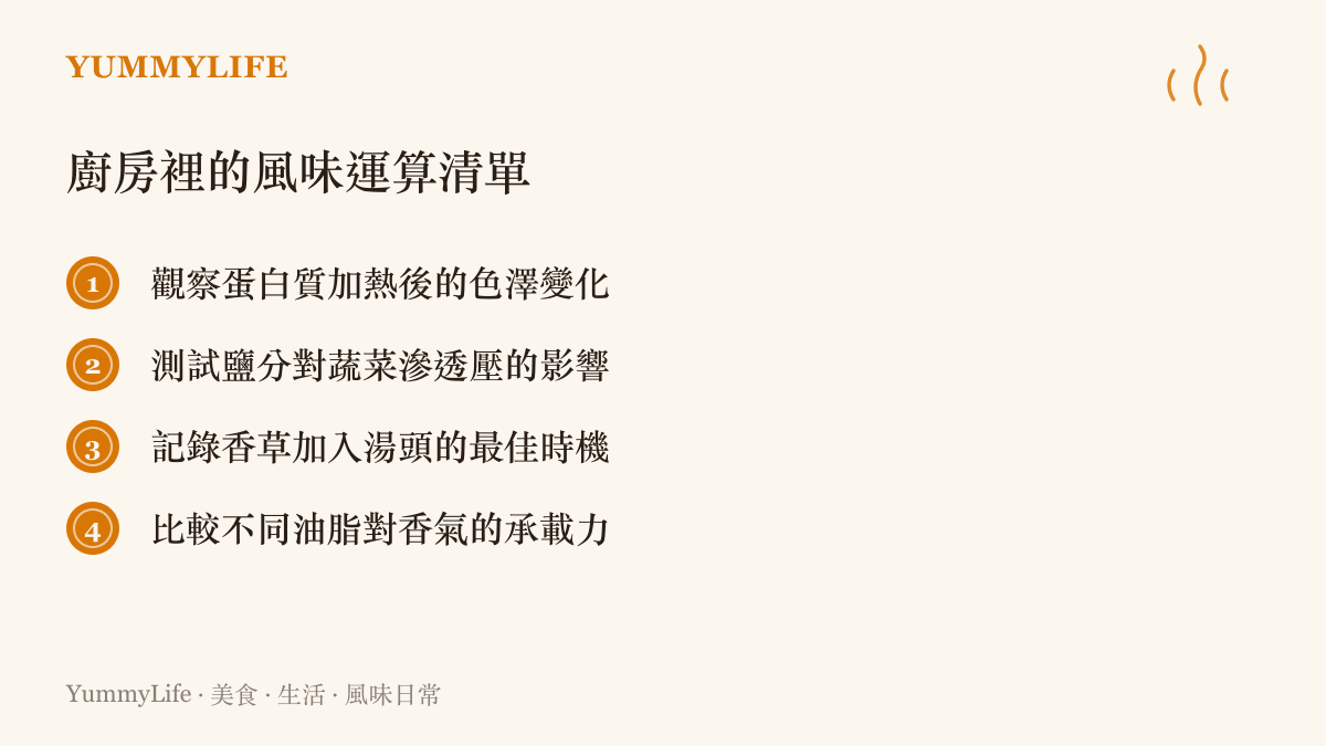 圖卡列舉四項在日常廚房中可以實踐的風味運算與觀察清單