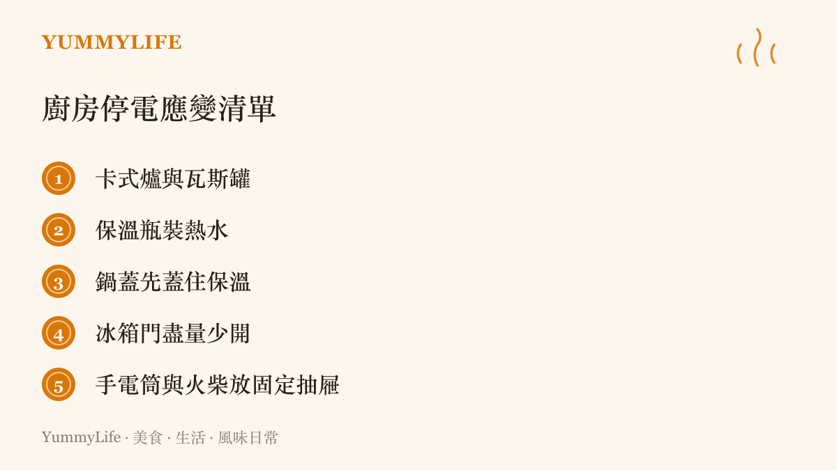 清單圖卡列出停電時廚房的五項應變：卡式爐瓦斯罐、保溫瓶熱水、鍋蓋保溫、冰箱門少開、手電筒與火柴