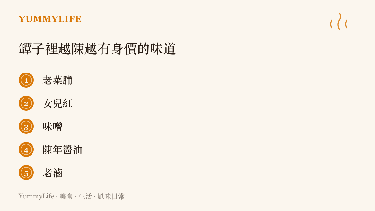 清單列出五種越陳越有價值的發酵味道：老菜脯、女兒紅、味噌、陳年醬油與老滷，作為時間讓風味增值的例子